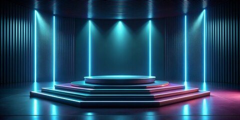 Futuristic Neon Lit Podium in Dark Room for Product Showcase or Award Ceremony AI-Created Content