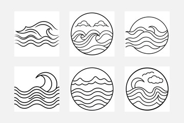 Water wave icon coloring book white background unique artwork set
