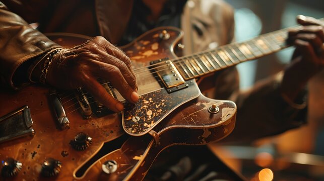Professional Jazz Guitarist Playing Electric Guitar Live Emphasizing Experience Technique And Expressive Musical Flow
