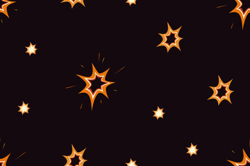 Seamless pattern, bright boom, bang, explosion effects. Endless background design with flashes, blasts and flares. Bombs, repeating print for wrapping, fabric, wallpaper. Flat vector illustration