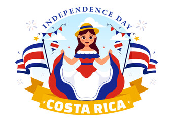 Happy Independence Day of Costa Rica Vector Illustration for September 15 featuring a Waving Flag and Confetti on a Flat Style Cartoon Background