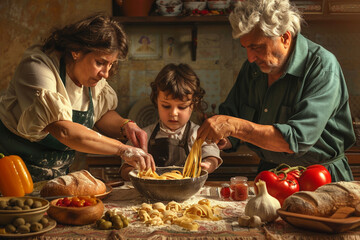 Italian family making pasta for the Feast of the Seven