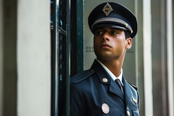 Portrait of a private guard standing by a secure entrance, Generative AI