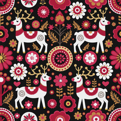 white deer in an ornament with red flowers. seamless pattern