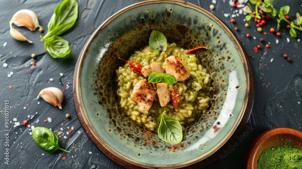 Sticker close-up of a delicious green risotto with chicken and basil