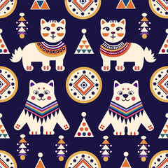 northern bears with ornaments on a blue background. seamless pattern