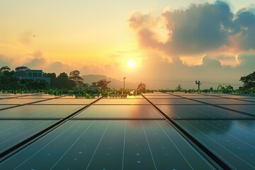 Fototapeta premium Solar Panels at Sunset with Cloudy Sky and Trees