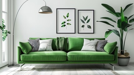 Minimalist Living Room with Green Sofa and Botanical Art for Interior Design Inspirations