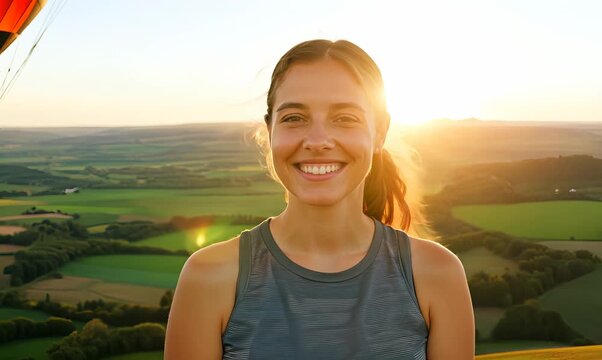 Lifestyle portrait video of a grinning woman in her 20s wearing a comfortable tracksuit against a hot air balloon or skydiving background