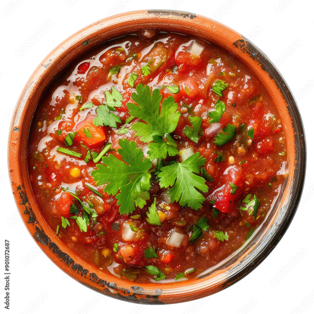 Wall mural bowl of tomato salsa sauce top view isolated on transparent white background, clipping path