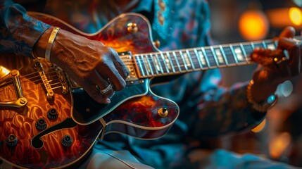 Jazz Guitarist's Hands Playing Vintage Hollow-Body Electric Guitar