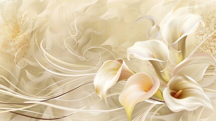 Fototapeta premium A floral design with white calla lilies on a beige background.