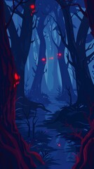 Fototapeta premium Eerie Forest with Red-Eyed Trees and a Dark Creek
