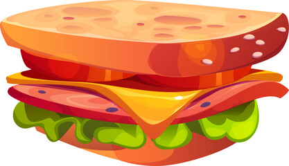 Cartoon fast food sandwich with layers of fresh ingredients including lettuce, tomato, cheese, and meat between two slices of bread. Isolated vector nutritious, delicious, quick and satisfying meal