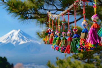 Colorful tassels hang from a branch, with a majestic mountain backdrop under a clear blue sky, showcasing a vibrant cultural scene.