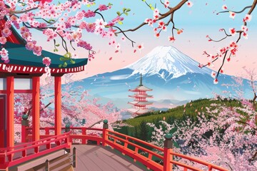Stunning view of Mount Fuji surrounded by cherry blossoms and traditional Japanese architecture under a pastel sky.