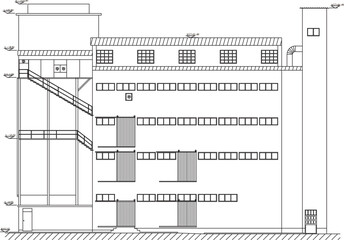 Vector sketch illustration, silhouette drawing, detailed design, modern vintage classic factory building construction drawing