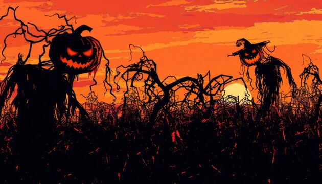 Silhouettes of Jack-o'-Lanterns in a Field of Dried Grasses at Sunset