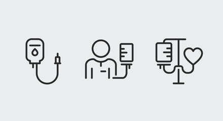 IV Drip, Patient, Infusion icons. Medical treatment icons set. IV Drip Bag, Patient with IV, Infusion Stand with Heart icons isolated on white background. Vector illustration.