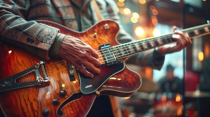 Fototapeta premium Intimate Live Jazz Session Featuring Veteran Guitarist Playing With Passion Skill And Musical Sensitivity