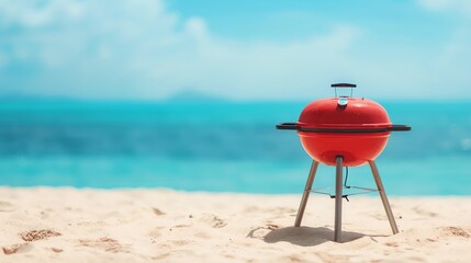 A red grill on the sandy beach with a clear blue sky and ocean background, depicting a perfect summer barbecue setting.
