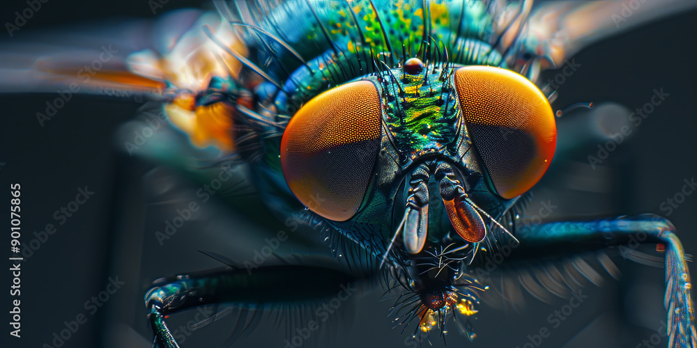 Poster close up portrait of an iridescent green and blue fly with orange eyes, generative AI