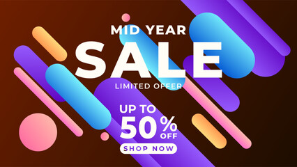 MID YEAR SALE OFFERS AND PROMOTION TEMPLATE BANNER DESIGN.COLORFUL GRADIENT ORANGE COLOR BACKGROUND VECTOR. GOOD FOR SOCIAL MEDIA POST, COVER , POSTER 