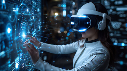 Crisp, clear photo of a college common area featuring AI and VR installations, with hyper-graphic design elements and students engaging in immersive educational experiences 