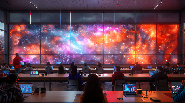 Crisp, clear photo of a college tech hub with AI and VR integration, showcasing hyper-graphic digital displays and interactive learning stations with super-realistic details 