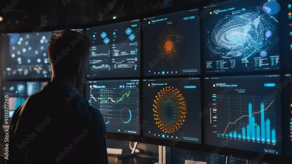 Poster a person looking at a wall of monitors with data visualizations.