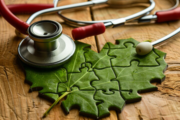 Heart-shaped jigsaw with stethoscope and leaf. Represents the growth of love and relationships