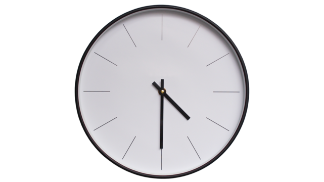 Minimalist White face and Black frame Wall Clock on White background - Perfect for Time Management and Scheduling Concepts - 16.30, 4.30