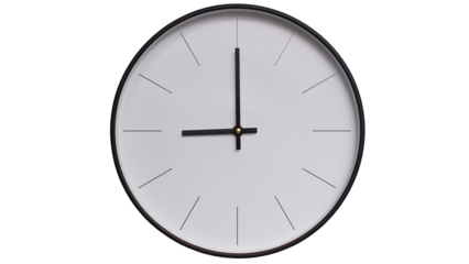 Minimalist White face and Black frame Wall Clock on White background - Perfect for Time Management and Scheduling Concepts - 9.00, 21.00
