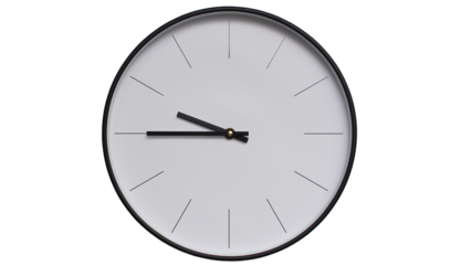 Minimalist White face and Black frame Wall Clock on White background - Perfect for Time Management and Scheduling Concepts - 21.45, 9.45