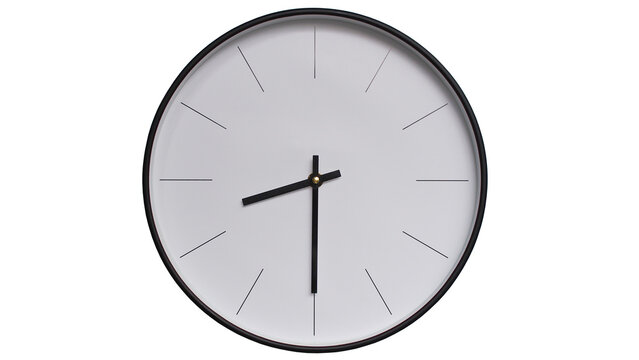 Minimalist White face and Black frame Wall Clock on White background - Perfect for Time Management and Scheduling Concepts - 20.30, 8.30