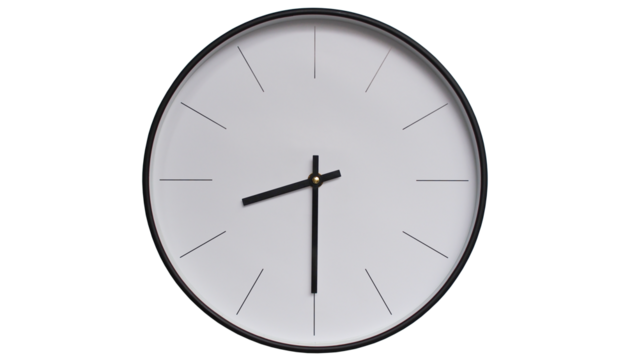 Minimalist White face and Black frame Wall Clock on White background - Perfect for Time Management and Scheduling Concepts - 20.30, 8.30