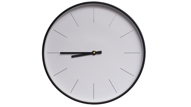 Minimalist White face and Black frame Wall Clock on White background - Perfect for Time Management and Scheduling Concepts - 8.45, 20.45
