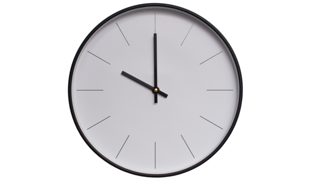 Minimalist White face and Black frame Wall Clock on White background - Perfect for Time Management and Scheduling Concepts - 10.00, 22.00