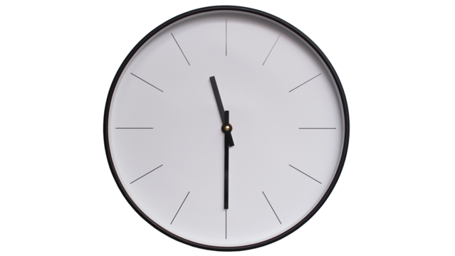 Minimalist White face and Black frame Wall Clock on White background - Perfect for Time Management and Scheduling Concepts - 11.30, 23.30