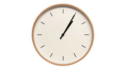 Isolated on white background Minimalist style wooden wall clock, showing time at  01.05 or 13.05 - Perfect for Time Management and Scheduling Concepts