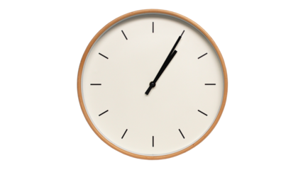 Isolated on white background Minimalist style wooden wall clock, showing time at  01.05 or 13.05 - Perfect for Time Management and Scheduling Concepts