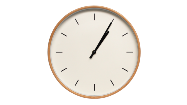 Isolated on white background Minimalist style wooden wall clock, showing time at  01.05 or 13.05 - Perfect for Time Management and Scheduling Concepts