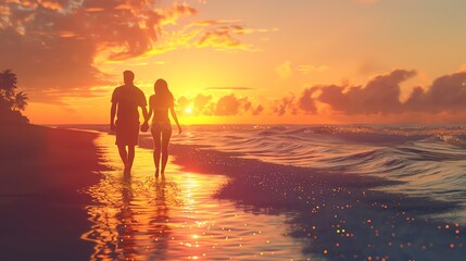 Fototapeta premium Silhouette of a couple walking hand-in-hand on a beach at sunset.