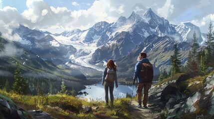 Fototapeta premium Two people with backpacks stand on a mountain trail looking at the scenic view.