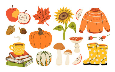 Cute autumn elements, pumpkin, warm clothes, blanket and scarf. Hand drawn fall season design element, acorns with leaves, mushrooms and berries, cozy doodle sticker vector set