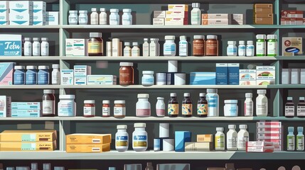 Pharmacy Panorama Vibrant Medication Display with Alphabetical Arrangement