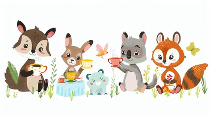 A group of cartoon animals are having tea together.