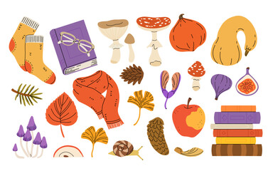 Cute autumn elements, pumpkin, warm clothes, blanket and scarf. Hand drawn fall season design element, acorns with leaves, mushrooms and berries, cozy doodle sticker vector set
