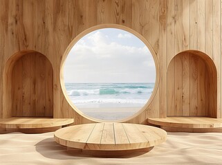 Eco-Friendly Product Display with Beach View - Suitable for sustainable brands, eco-friendly product launches, and online stores.
