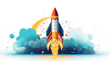 Illustration of a rocket taking off symbolizing the launch of a new marketing campaign on a white background